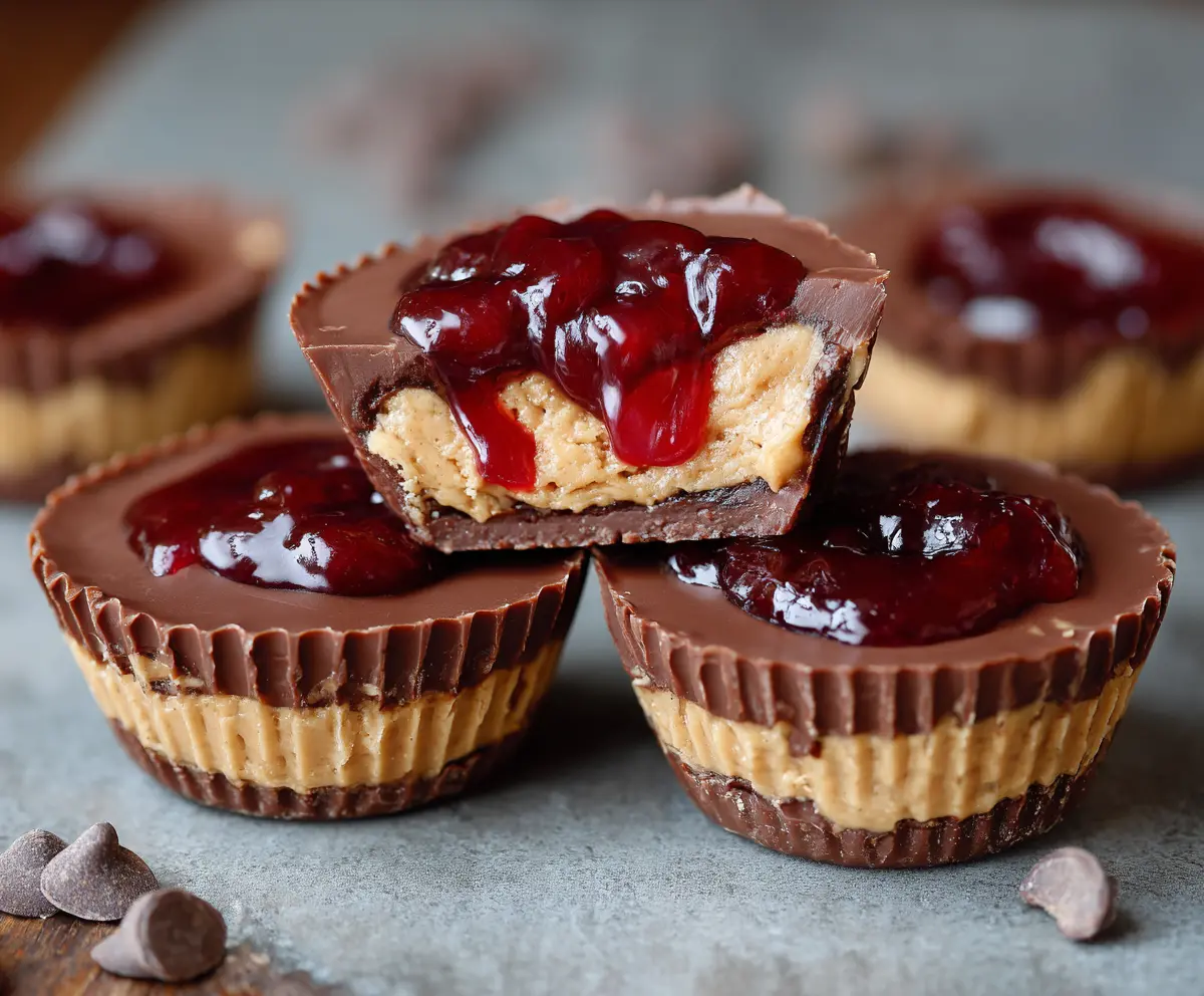 Delicious peanut butter and jelly cups with a creamy texture and vibrant colors.