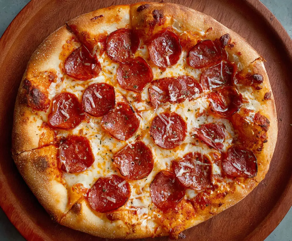 Delicious pepperoni pizza with golden crust and melted cheese, perfect for any pizza lover.