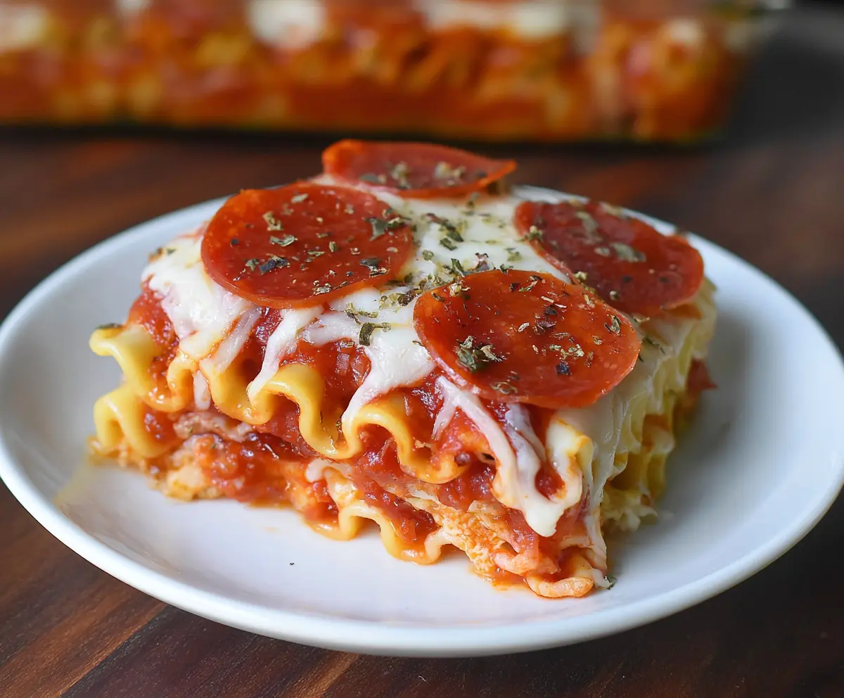 Delicious Pepperoni Pizza Lasagna Roll Ups with melted cheese and crispy edges on a serving plate.