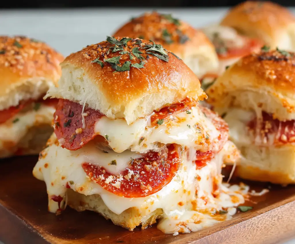 Delicious pepperoni pizza sliders garnished with fresh herbs on a rustic serving tray.