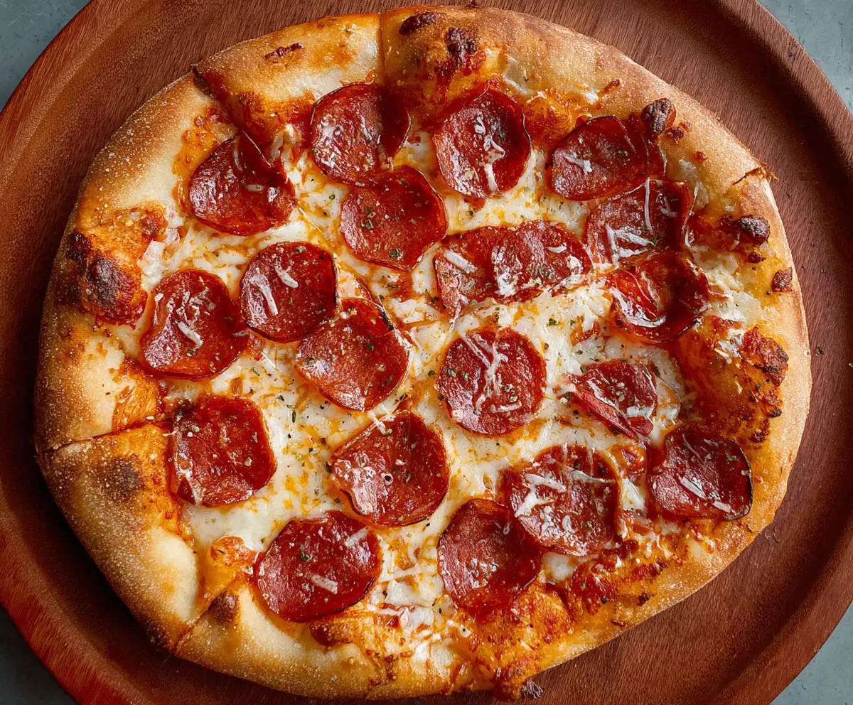 Delicious pepperoni pizza with golden crust and melted cheese, perfect for any pizza lover.