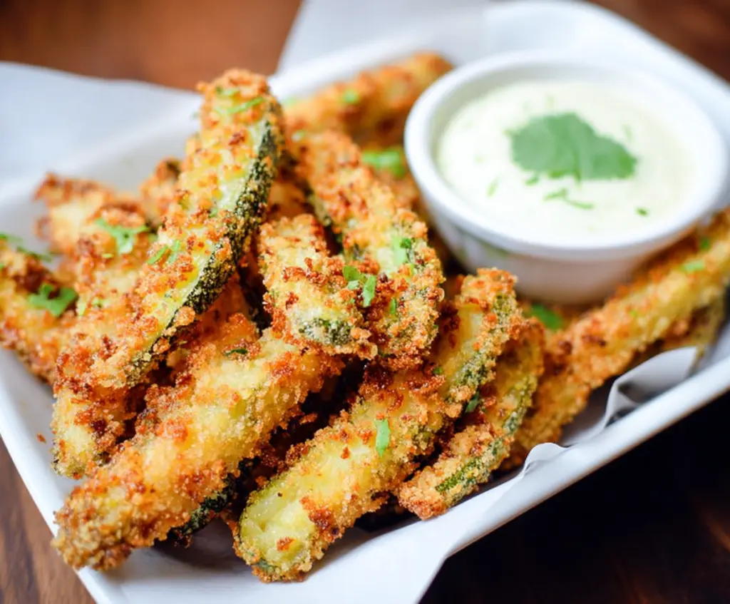 Crispy pickle fries served with dipping sauce, perfect for a snack or appetizer.