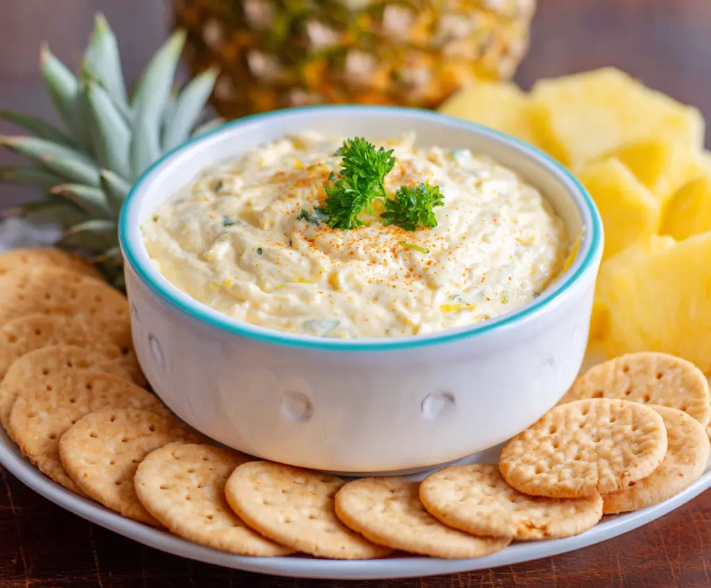 Delicious homemade pineapple dip served with fresh fruit slices.