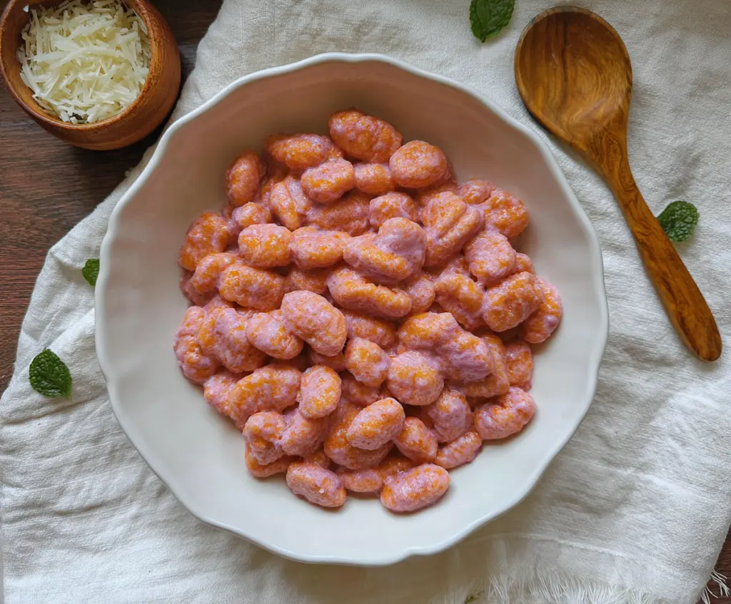 Colorful pink gnocchi served on a plate with fresh herbs for a vibrant Italian dish