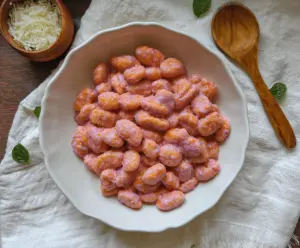 Colorful pink gnocchi served on a plate with fresh herbs for a vibrant Italian dish