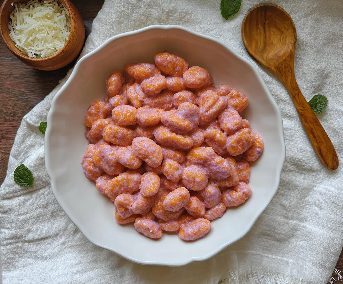 Colorful pink gnocchi served on a plate with fresh herbs for a vibrant Italian dish