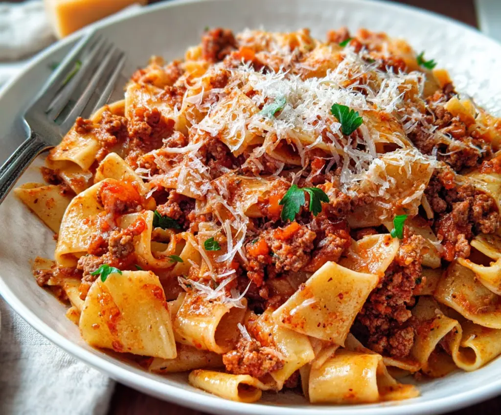 Delicious pork Bolognese sauce served over pasta with herbs and cheese