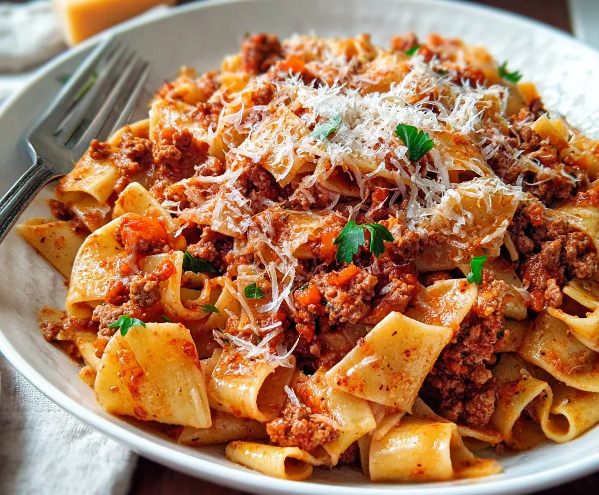 Delicious pork Bolognese sauce served over pasta with herbs and cheese