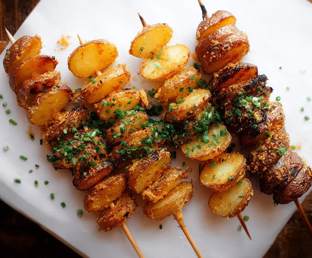 Grilled potato skewers with herbs on a serving plate, perfect for appetizers or snacks
