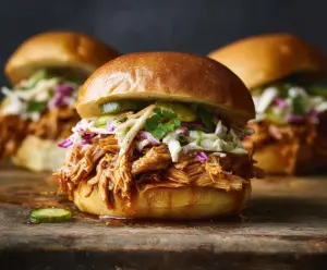 Delicious pulled chicken sandwiches with fresh buns and crispy toppings on a plate.