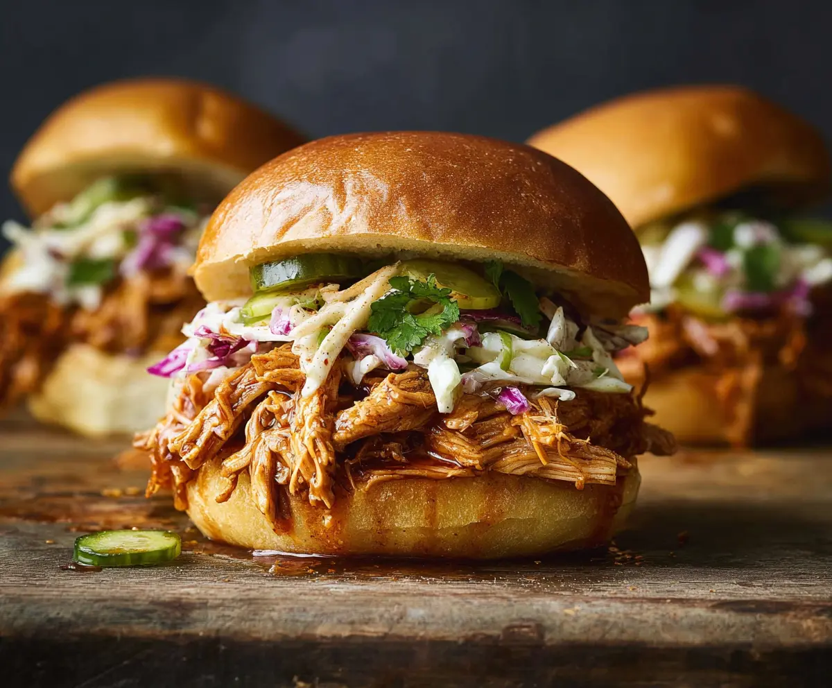 Delicious pulled chicken sandwiches with fresh buns and crispy toppings on a plate.
