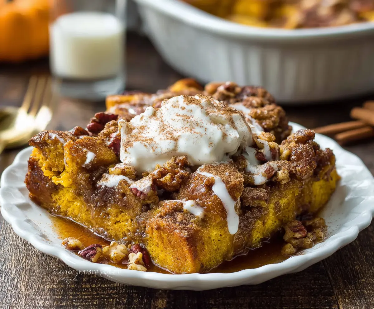 Delicious Pumpkin Spice French Toast Casserole topped with powdered sugar and fresh fruit for a cozy breakfast.