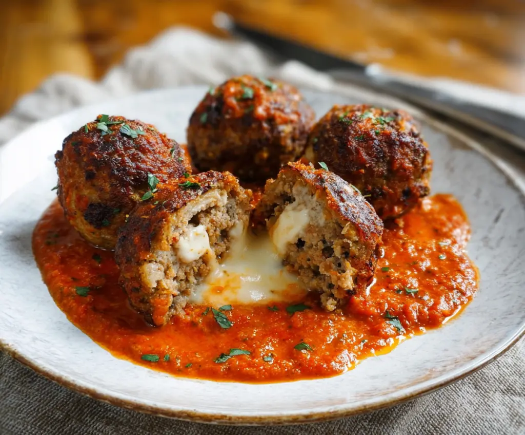 Delicious queso-stuffed meatballs with melted cheese in a savory dish.