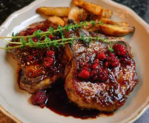 Delicious raspberry glazed pork chops served on a plate, garnished with fresh herbs.