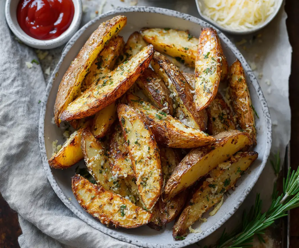 Golden roasted garlic Parmesan potato wedges served with fresh herbs.