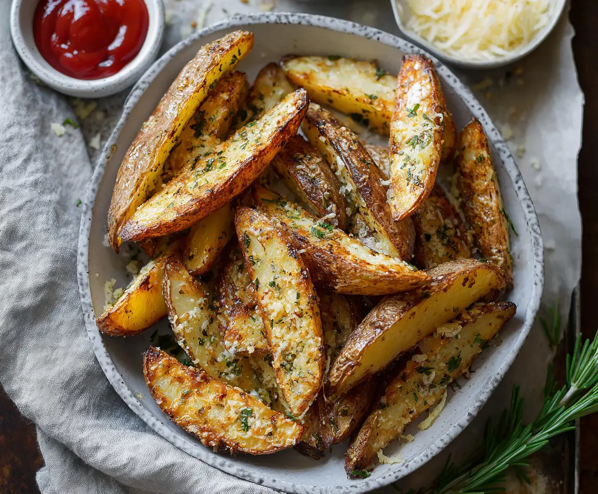 Golden roasted garlic Parmesan potato wedges served with fresh herbs.