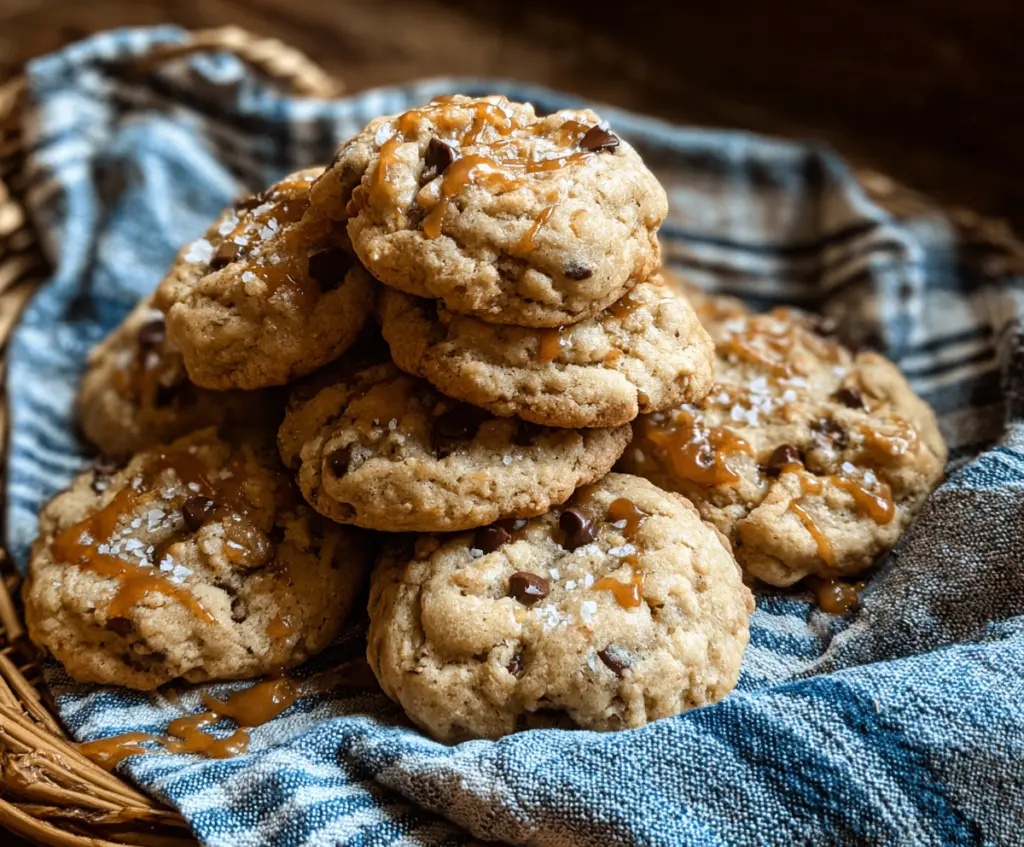 Salted caramel sourdough discard cookies on a plate with caramel drizzle and sea salt topping.
