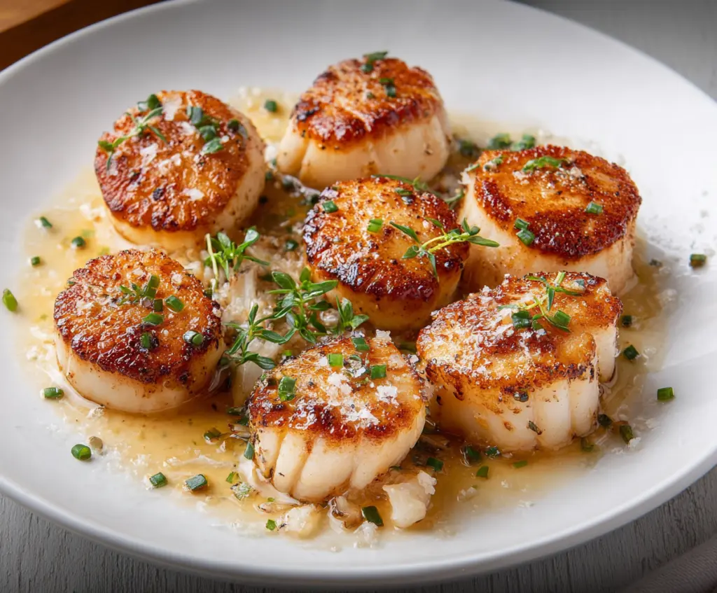 Delicious seared scallops served on a white plate with lemon and herbs for a gourmet seafood dish.