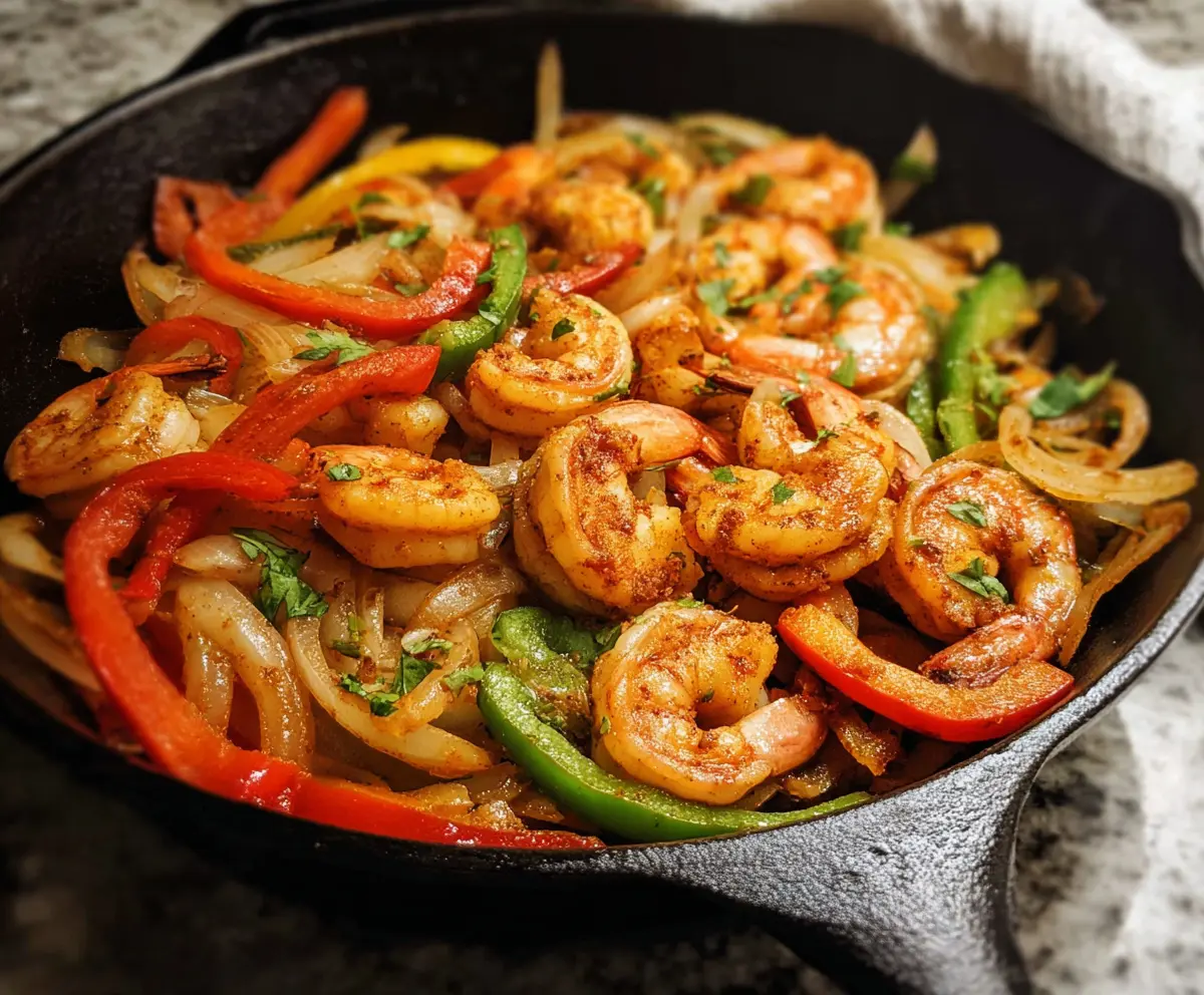 Delicious shrimp fajitas cooked with colorful bell peppers and onions, served on a sizzling skillet.