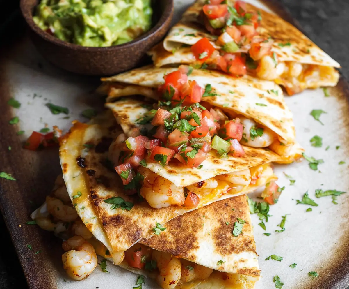Delicious shrimp quesadillas with melted cheese and crispy tortillas, perfect for lunch or dinner.
