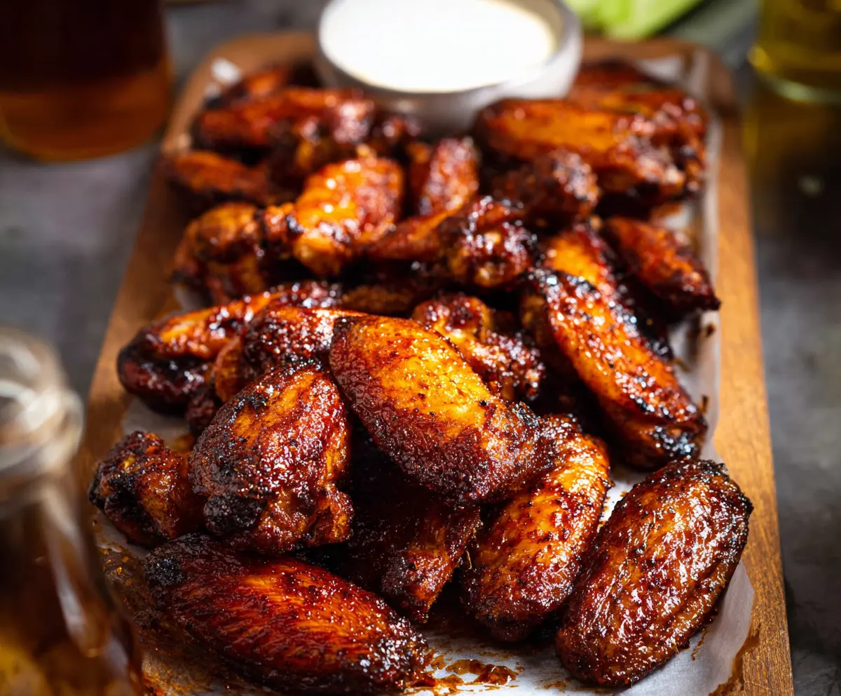 Delicious smoked chicken wings garnished with herbs on a wooden platter.