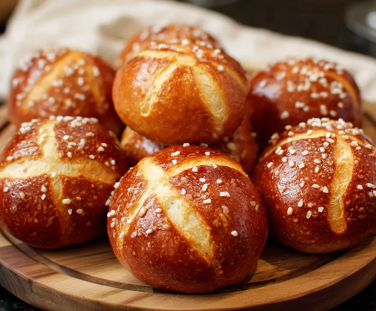 Close-up of freshly baked soft pretzel buns with golden-brown crust, perfect for sandwiches or snacks.