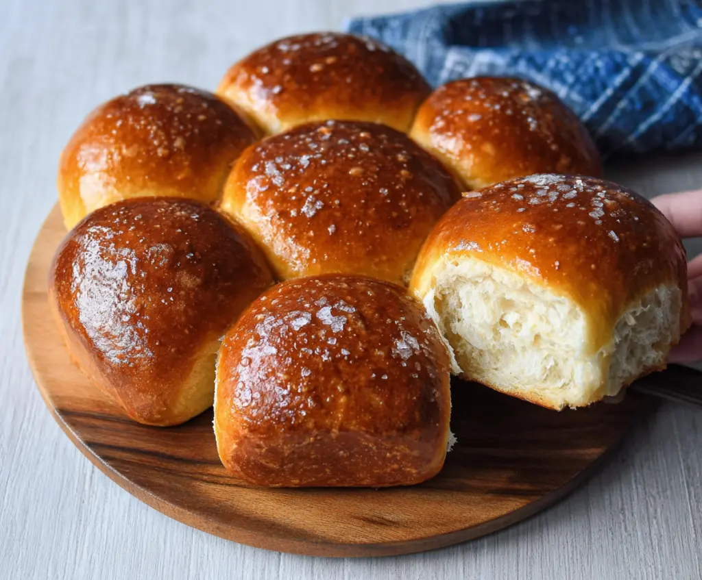 Golden brown sourdough brioche bread rolls fresh from the oven, perfect for breakfast or snacks.