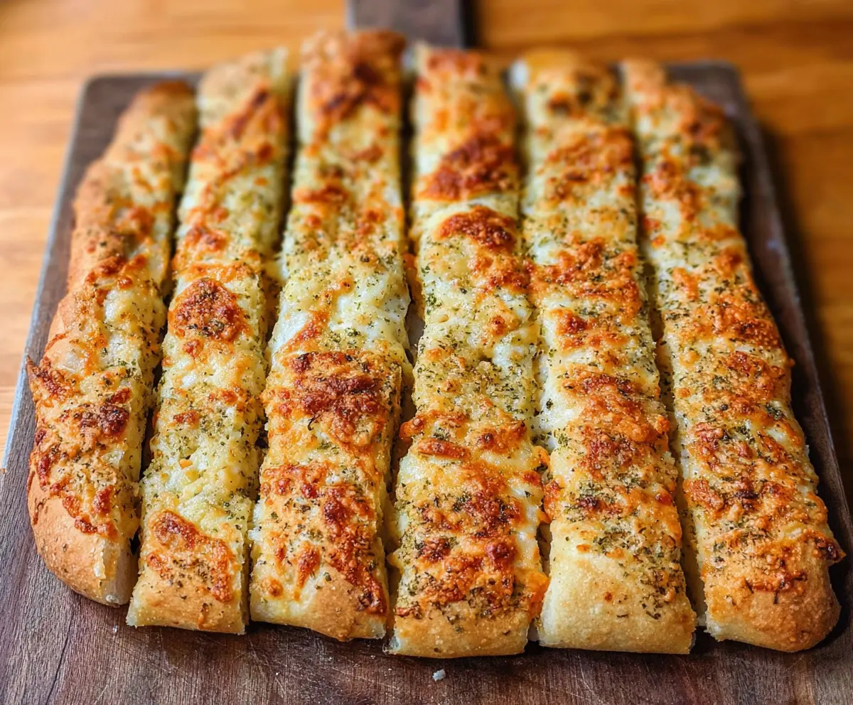 Delicious homemade sourdough cheesy breadsticks with melted cheese and crispy edges.