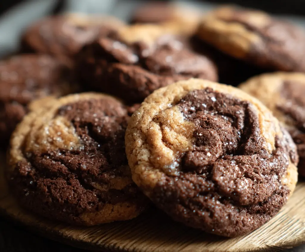 Delicious Sourdough Chocolate Peanut Butter Swirl Cookies on a plate