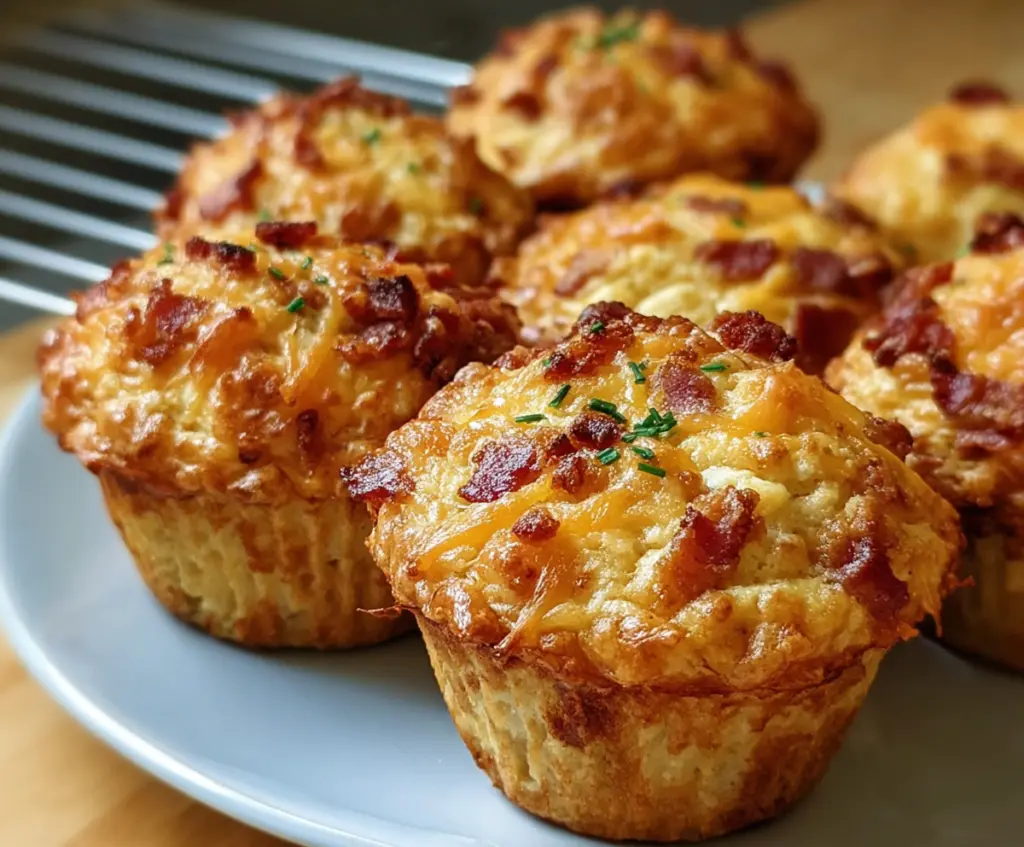 Delicious sourdough discard bacon and cheddar breakfast muffins on a plate, perfect for a hearty morning meal.