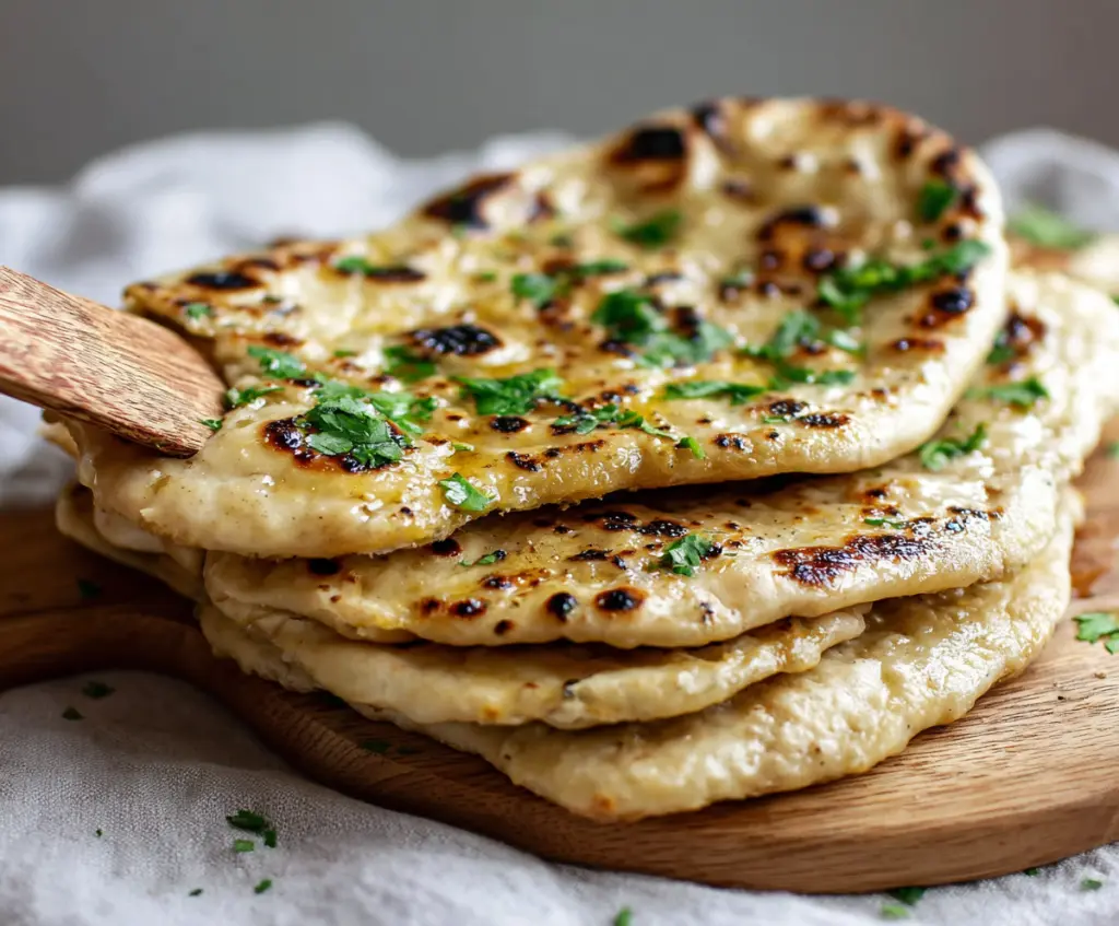 Homemade sourdough discard naan bread on a wooden serving platter