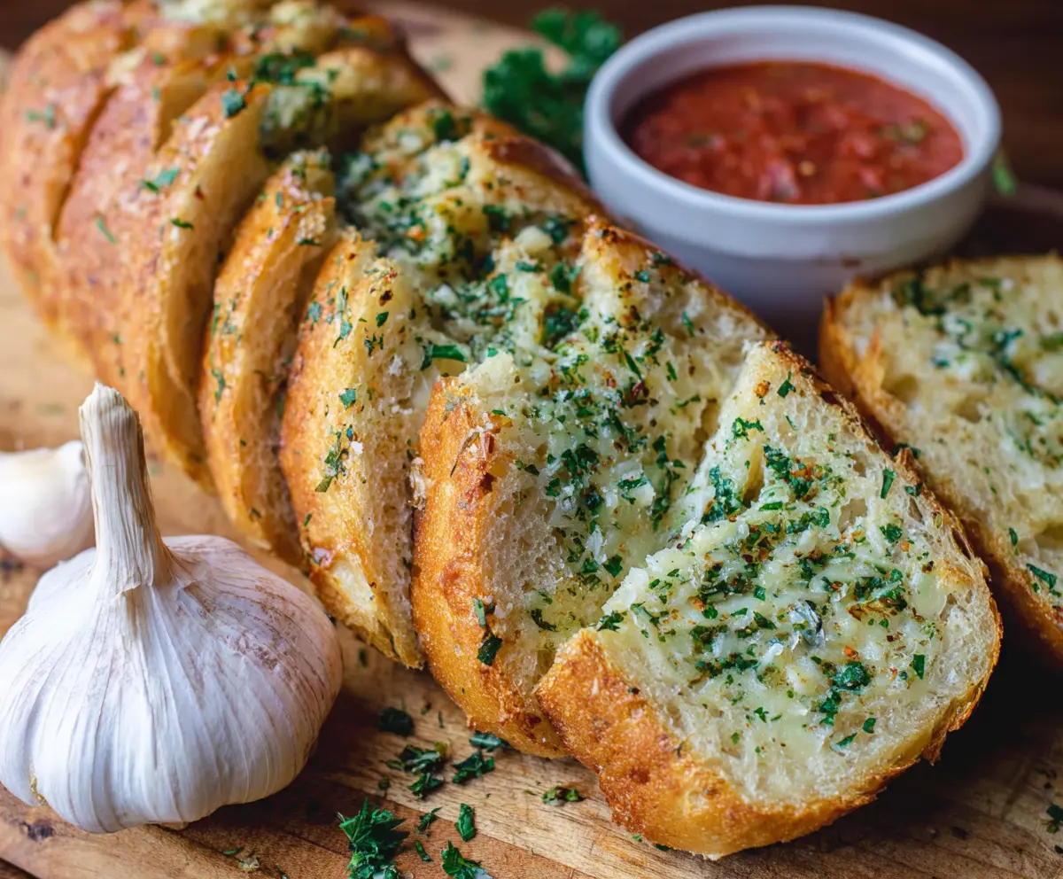 Delicious homemade sourdough garlic bread with crispy crust and fragrant garlic butter