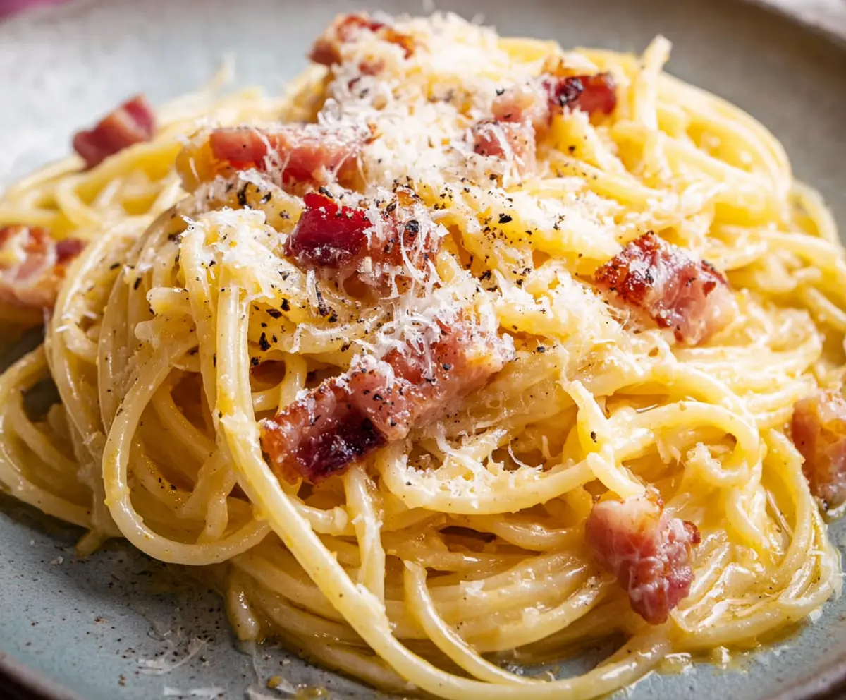 Delicious Spaghetti Alla Carbonara with creamy sauce and crispy pancetta on a white plate.