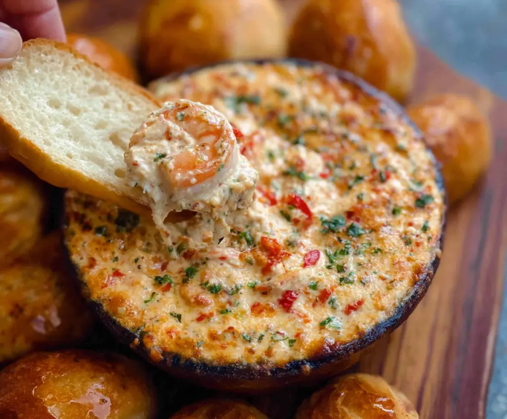 Delicious Spicy Louisiana Shrimp Dip in a bowl, garnished with fresh herbs, perfect for parties and gatherings.