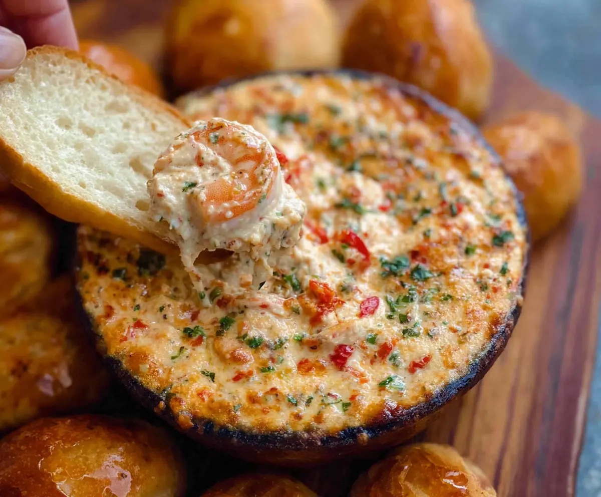 Delicious Spicy Louisiana Shrimp Dip in a bowl, garnished with fresh herbs, perfect for parties and gatherings.