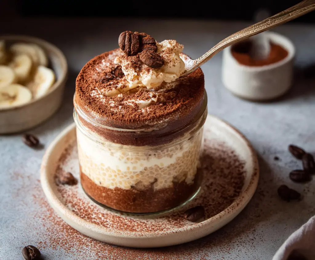 Delicious Tiramisu Overnight Oats topped with cocoa powder and coffeeflakes in a glass jar.