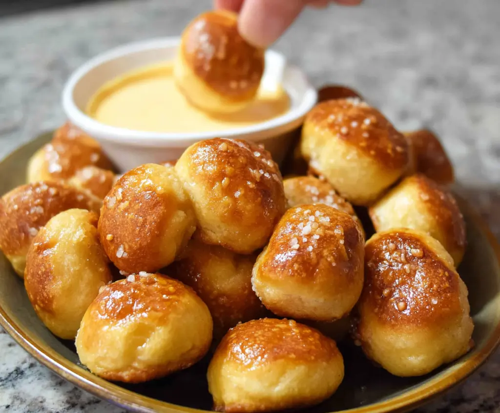 Delicious homemade pretzel bites made with simple two-ingredient dough on a baking tray.