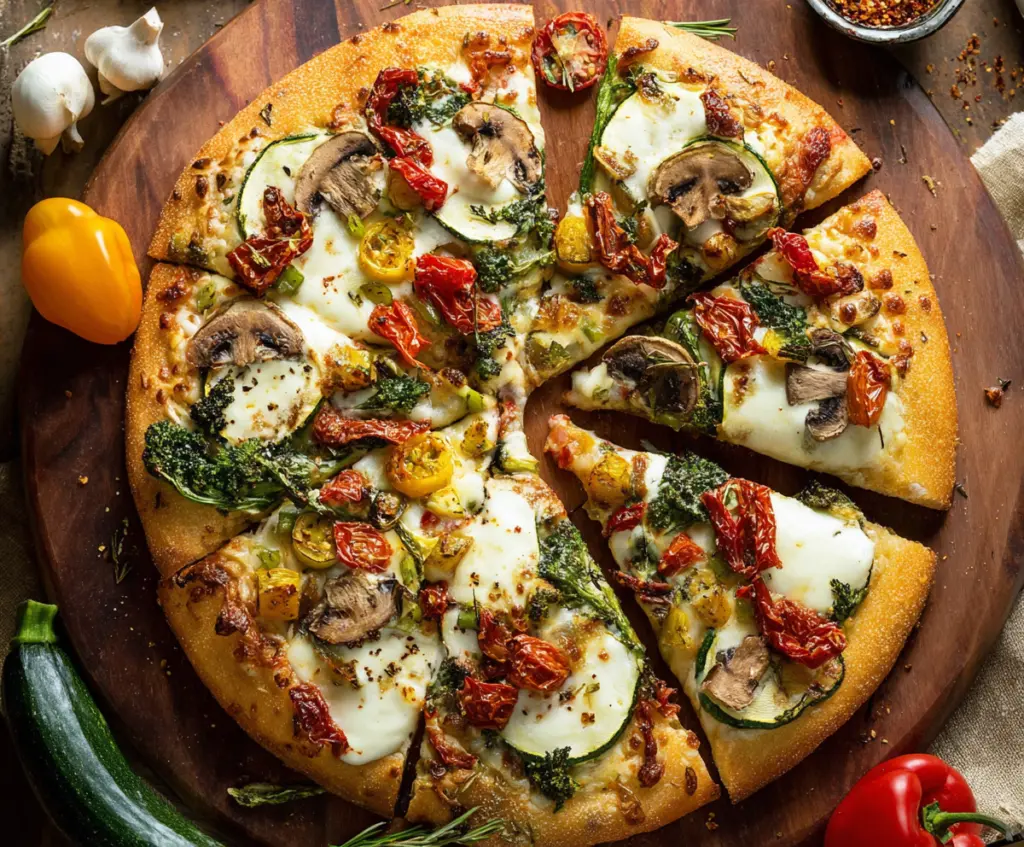 Delicious veggie pizza topped with colorful bell peppers, spinach, and cherry tomatoes on a crispy crust.