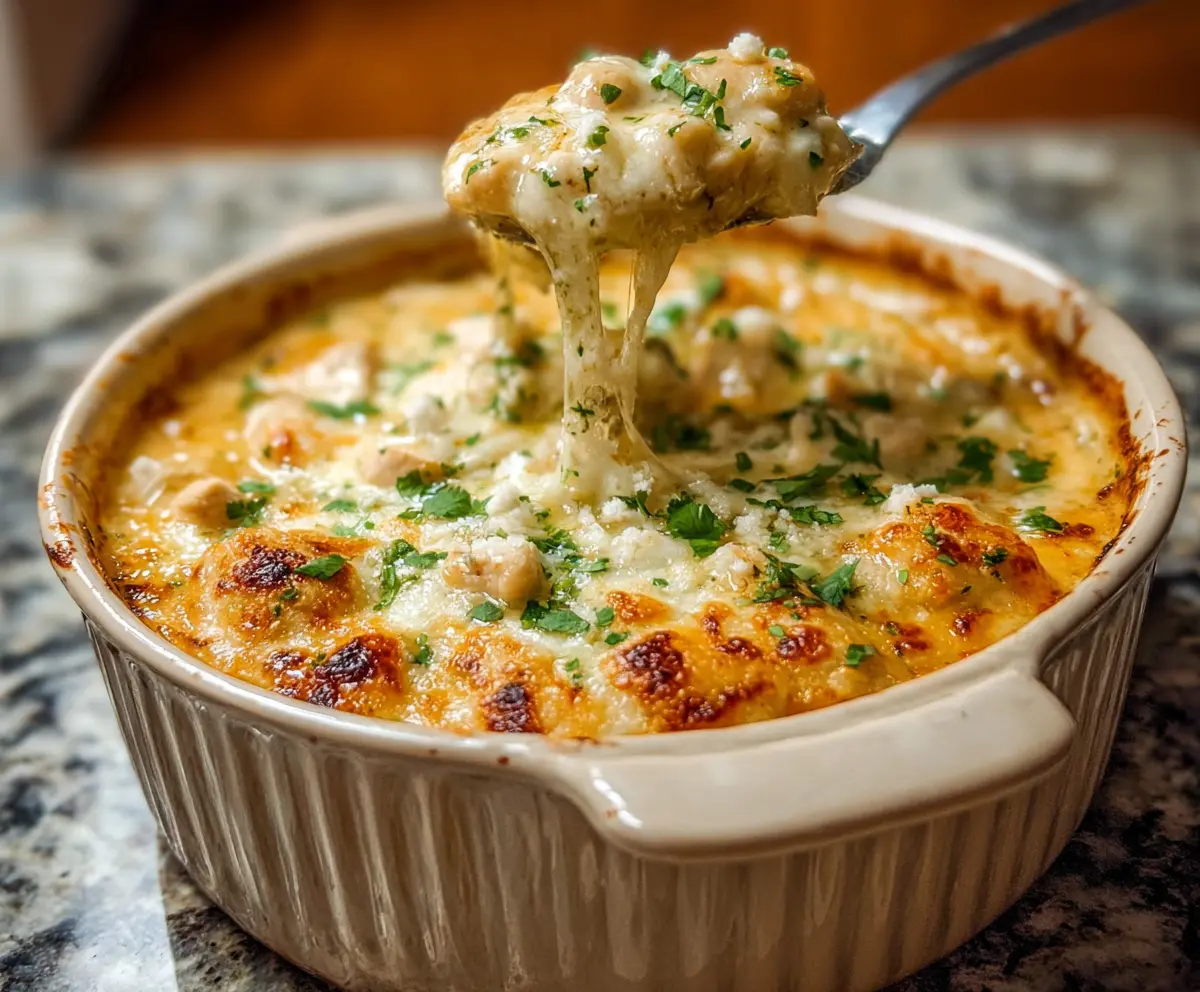 Delicious White Chicken Chili Cottage Cheese Winter Bake in a cozy kitchen setting.