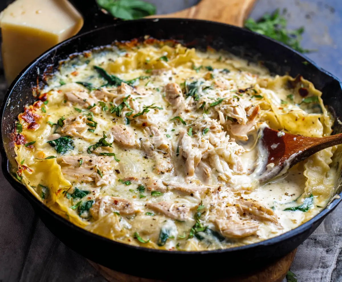Delicious white chicken skillet lasagna with melted cheese and creamy sauce in a skillet.