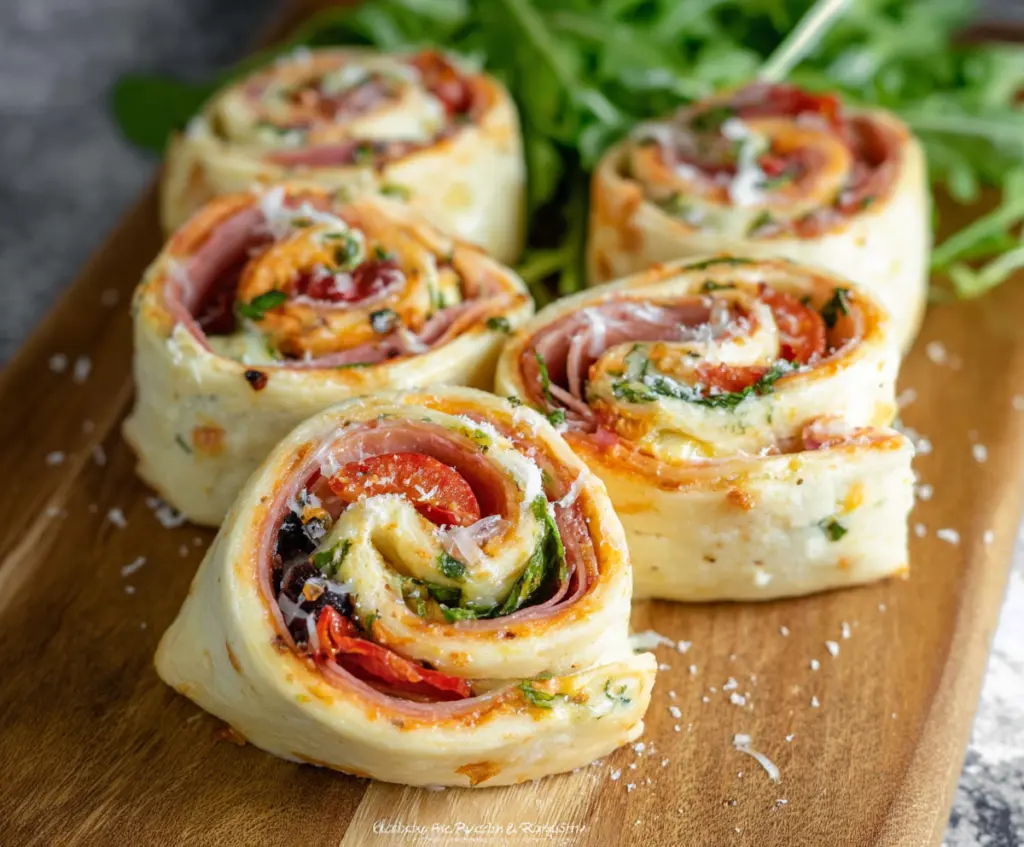 Delicious Zesty Italian Pinwheels with fresh herbs and colorful filling on a wooden platter