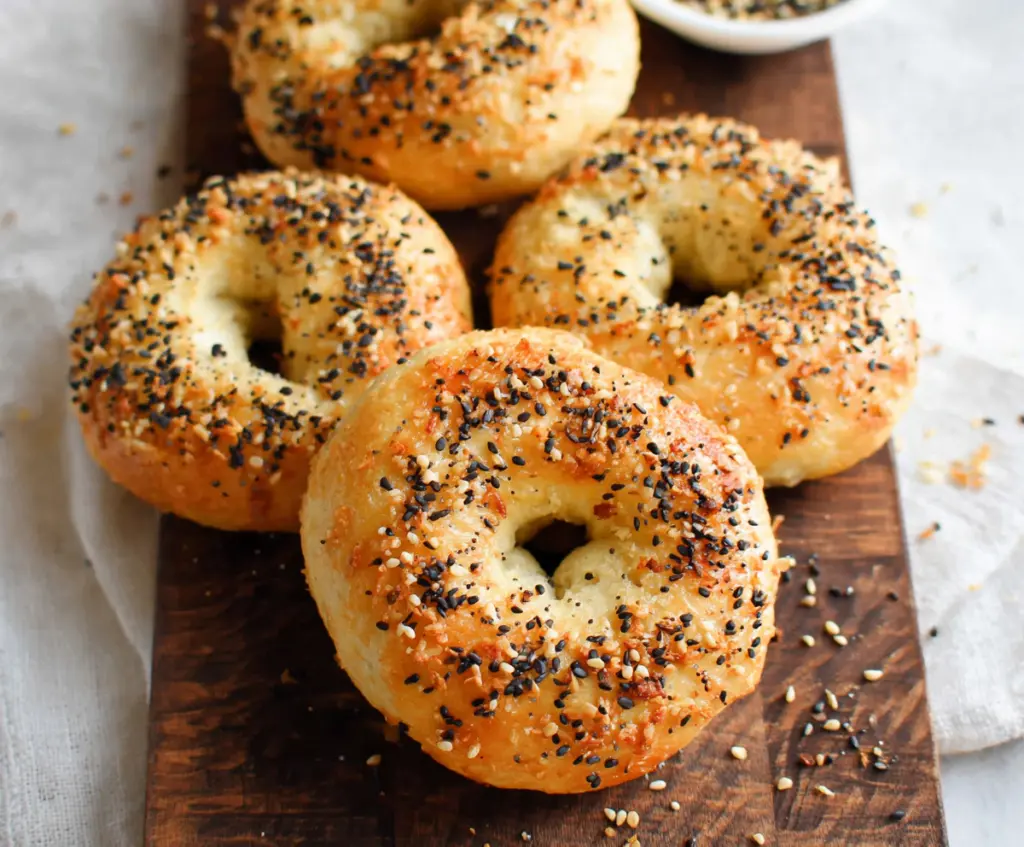 Delicious 3 Ingredient Air Fryer Bagels on a plate, perfect for a quick breakfast or snack.