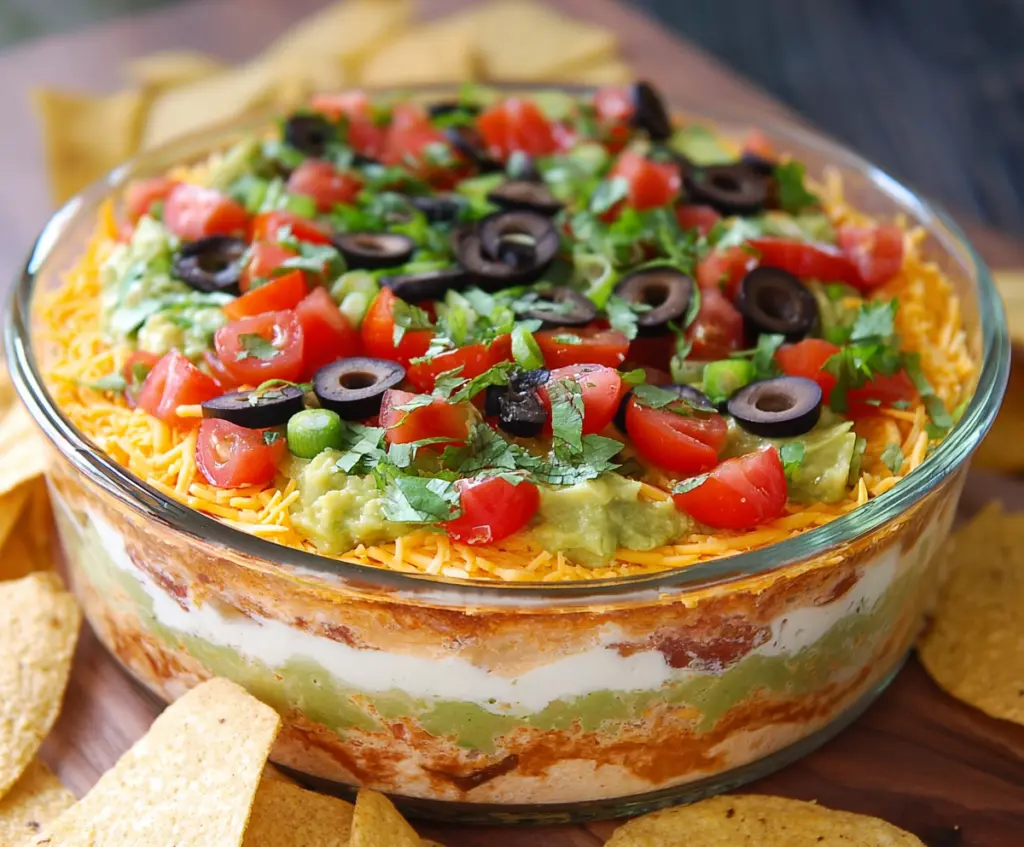 Delicious 5 Layer Dip with colorful beans, cheese, guacamole, sour cream, and salsa served in a bowl.