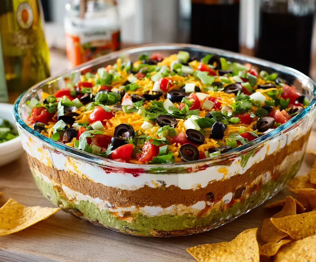 Delicious 7 Layer Dip with guacamole, sour cream, shredded cheese, and toppings in a bowl.