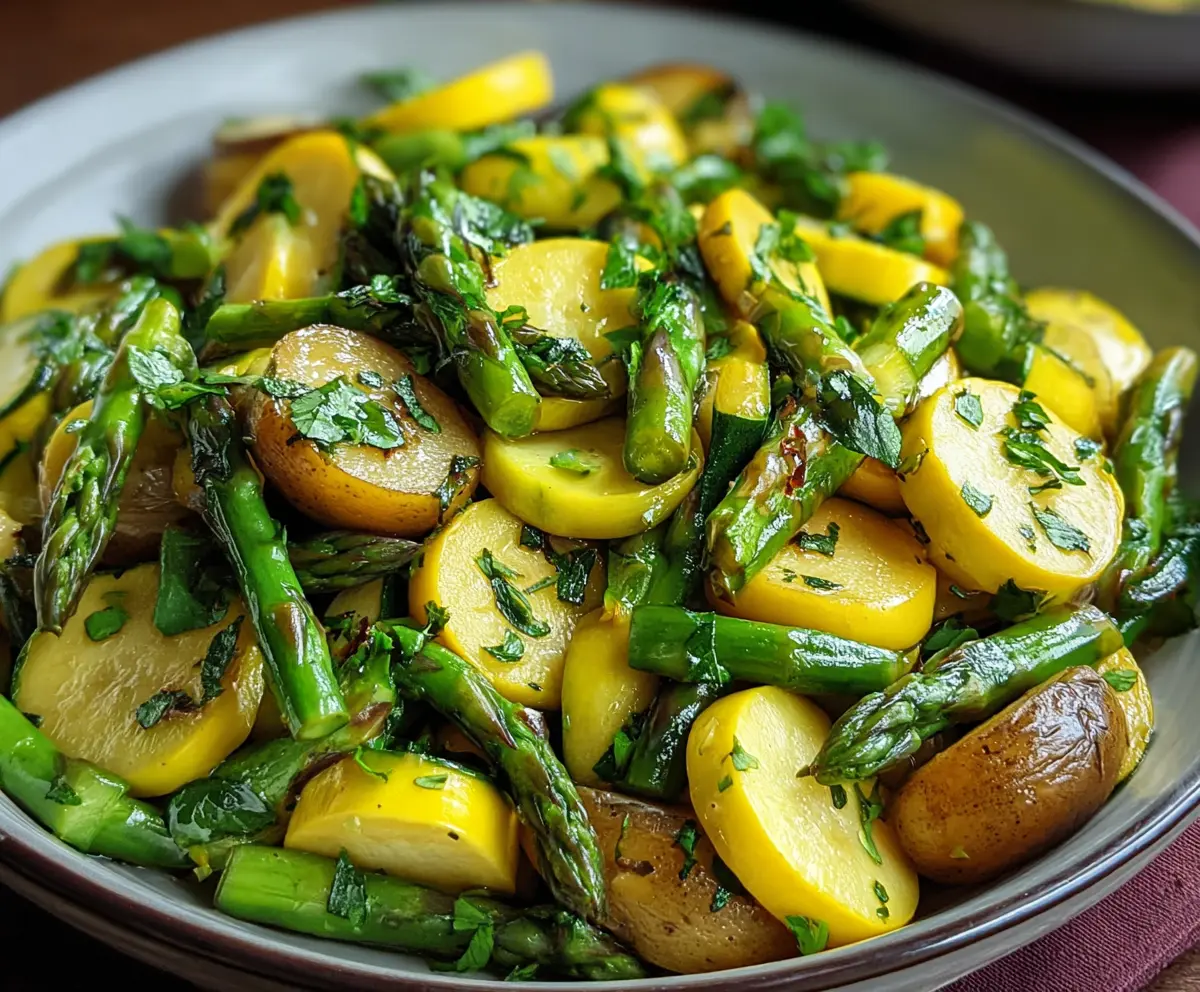 Fresh asparagus with zucchini and squash on a plate, healthy vegetable recipe