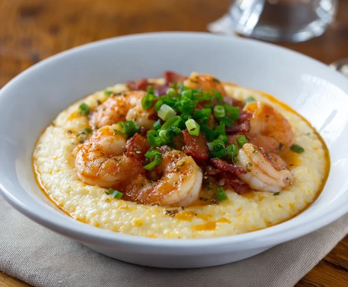 Delicious Authentic Southern Shrimp and Grits served in a bowl with fresh herbs