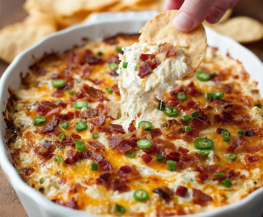 Delicious Bacon Jalapeño Popper Dip with crispy bacon, spicy jalapeños, and creamy cheese served in a bowl.