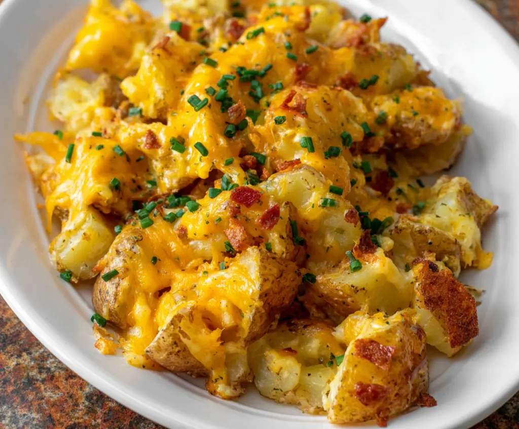 Golden baked cheddar ranch potatoes topped with melted cheese and fresh herbs, perfect for a delicious side dish.