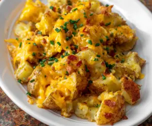 Golden baked cheddar ranch potatoes topped with melted cheese and fresh herbs, perfect for a delicious side dish.