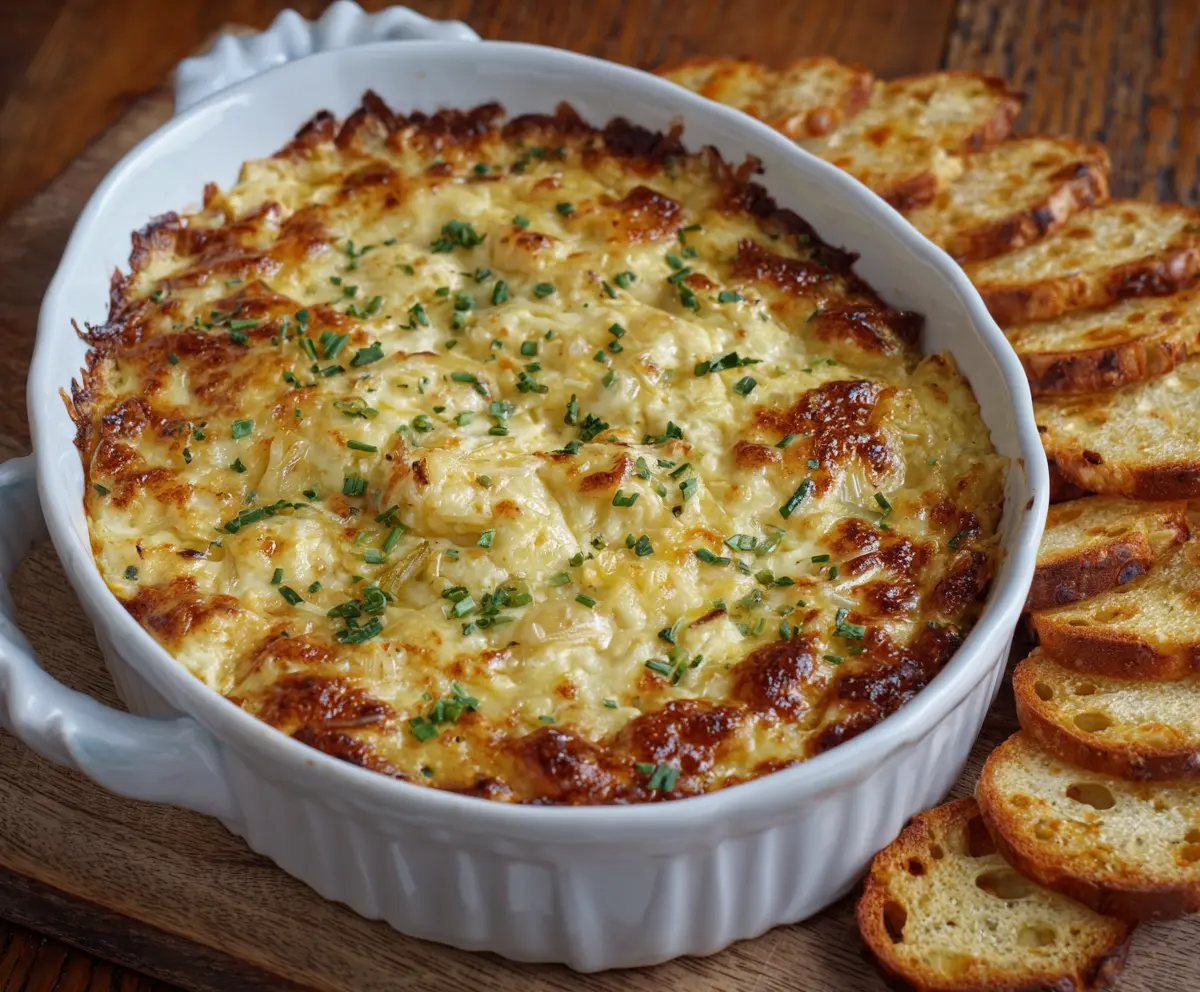 Delicious baked double cheese and sweet onion dip in a serving bowl, perfect for snacks and parties.